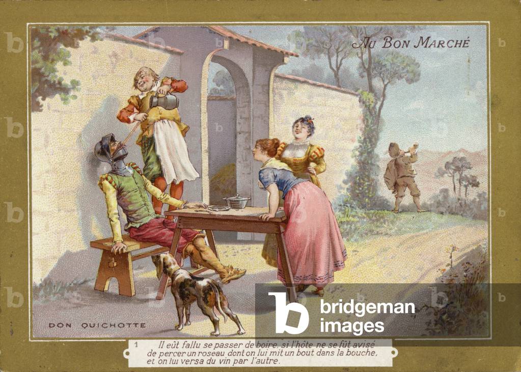Don Quixote having a drink (chromolitho)
