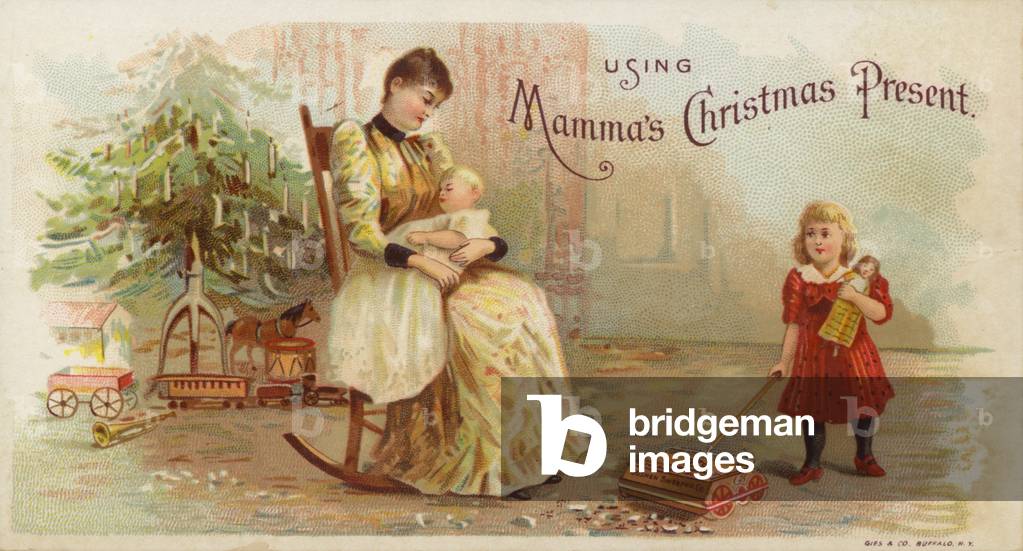 Girl using Carpet Sweeper while Mother Cradles Baby (chromolitho)