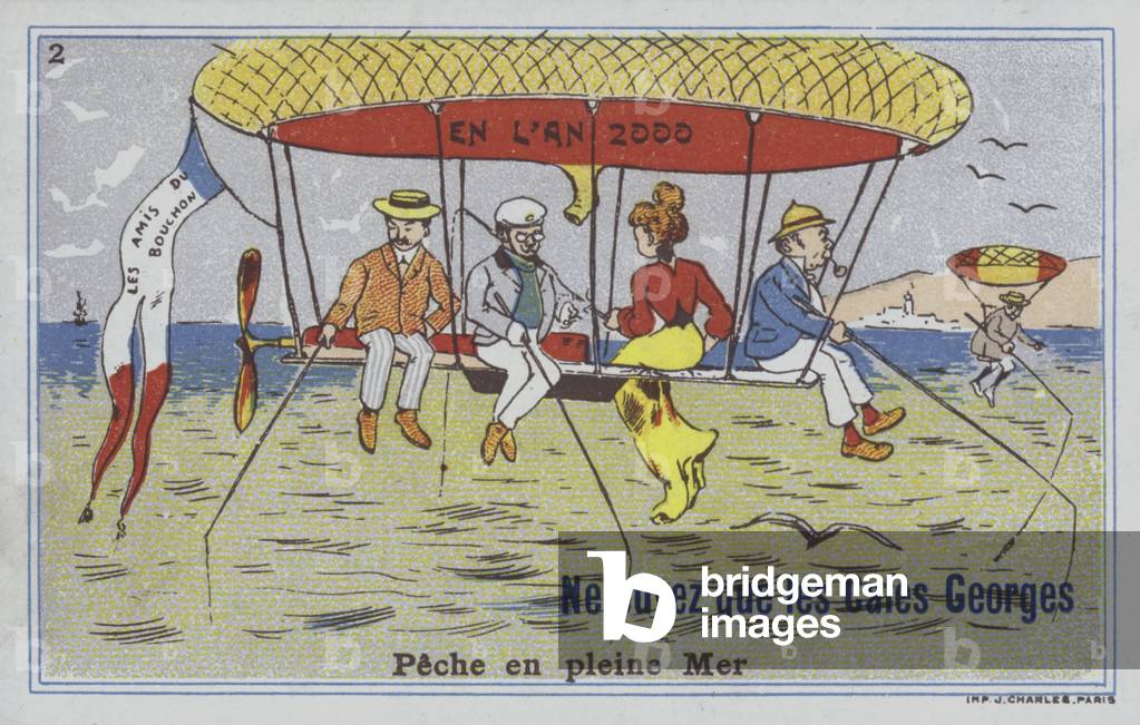 Fishing by balloon (colour litho)