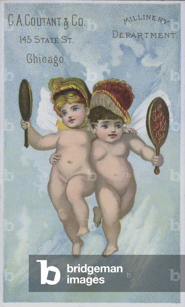 Pair of angels, wearing bonnets, admiring themselves in mirrors (colour litho)