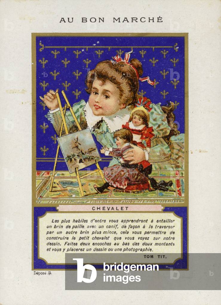 Girl playing with dolls painting, Chevalet (chromolitho)