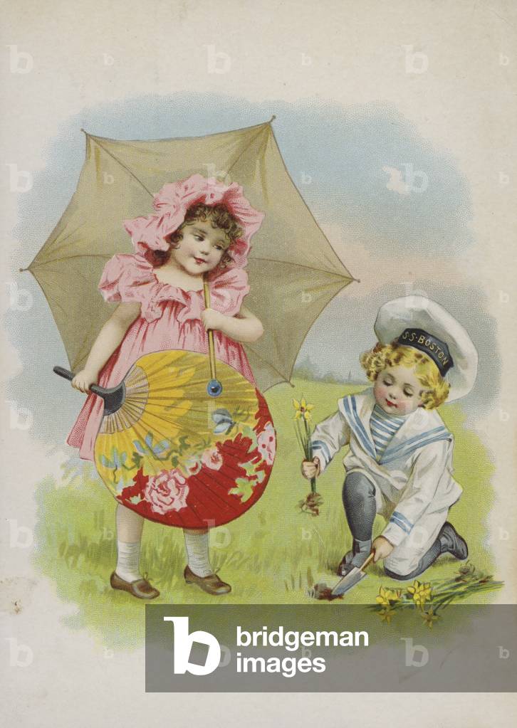 Girl with chinese fan and parasol, with boy in sailor suit planting daffodils (chromolitho)