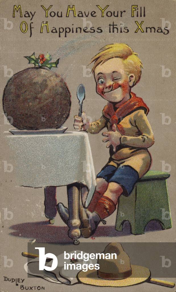 Boy scout about to tuck into Christmas pudding (chromolitho)