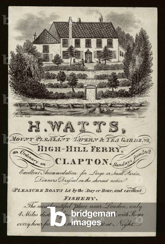 Advertisement for H Watts' Mount Pleasant tavern and tea garden, High-Hill Ferry, Clapton (engraving)