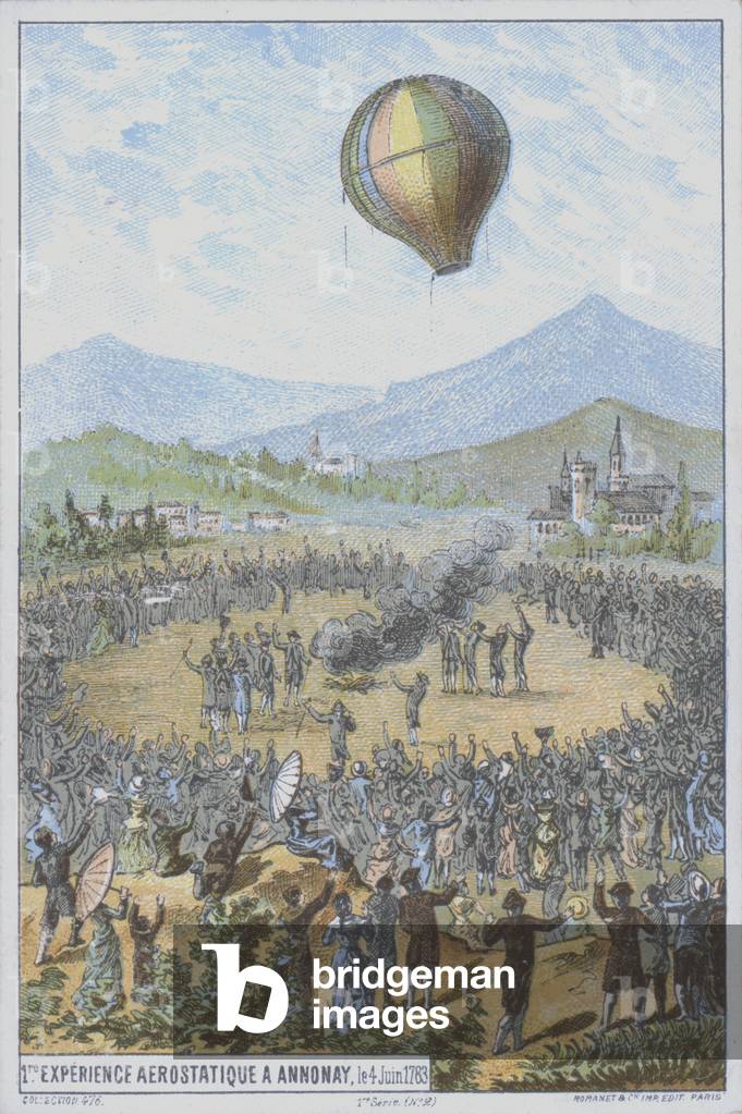 First demonstration of a hot air balloon by the Montgolfier Brothers, Annonay, France, 4 June 1783 (colour litho)