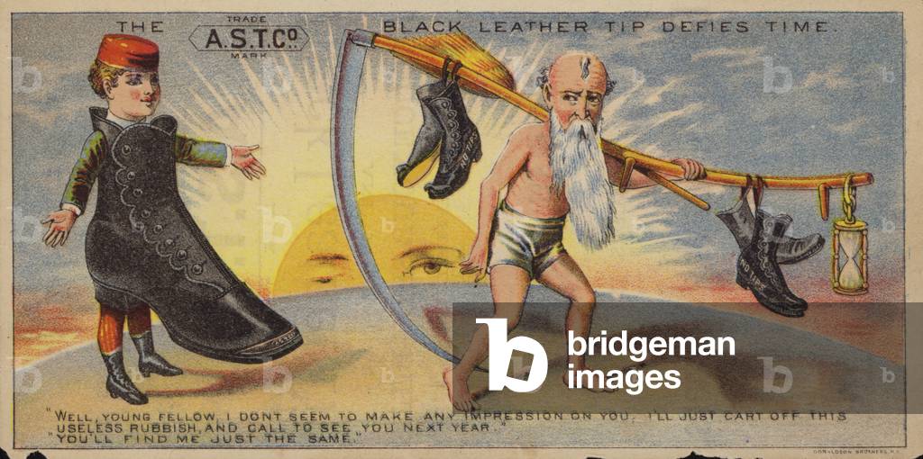 Boy In Boot Speaking to Old Father Time (chromolitho)