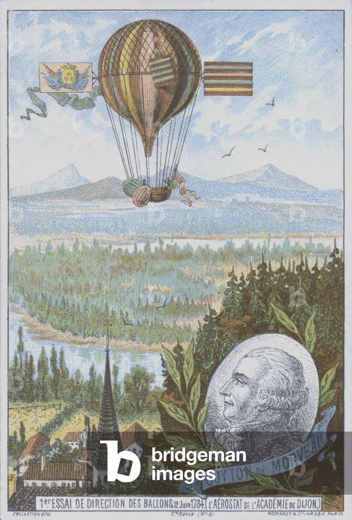 French balloonist Guyton de Morveau making the first attempt to steer a balloon, 12 June 1784 (colour litho)