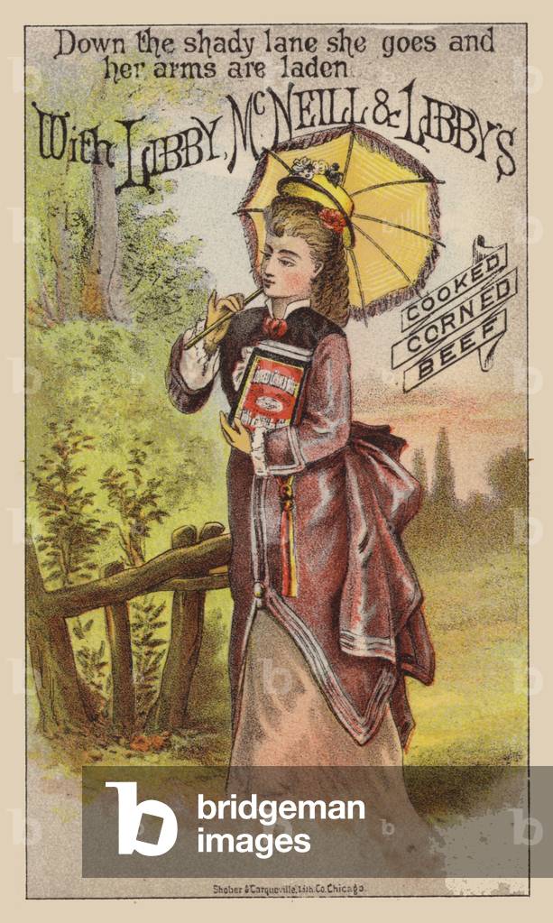 Lady walking with large tin of Corned Beef (chromolitho)