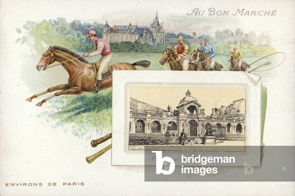 Horse Racing near Paris, Chateau de Chantilly (chromolitho)