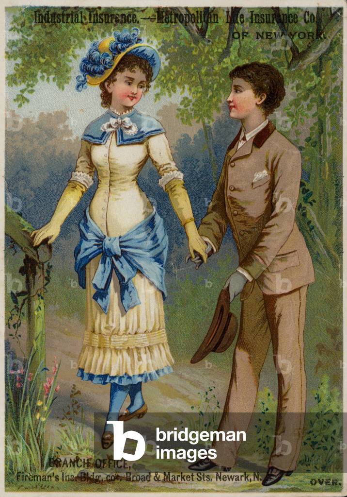 Couple strolling hand-in-hand (chromolitho)