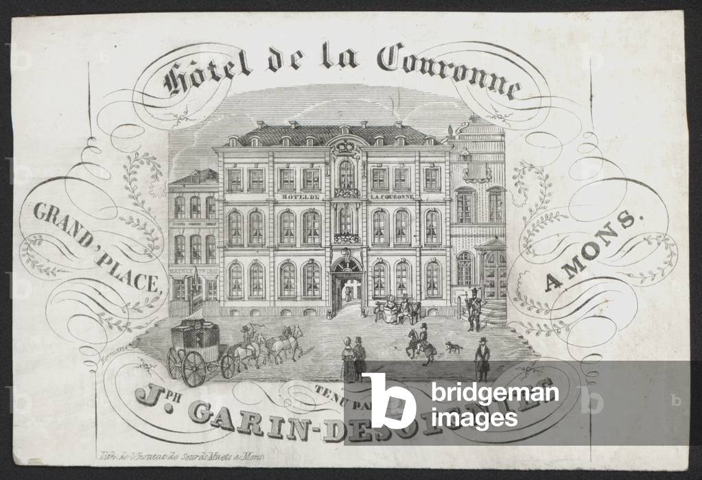 Hotel De La Couronne, Grand Place, Mons, Joseph Garin-Desoignies (engraving)