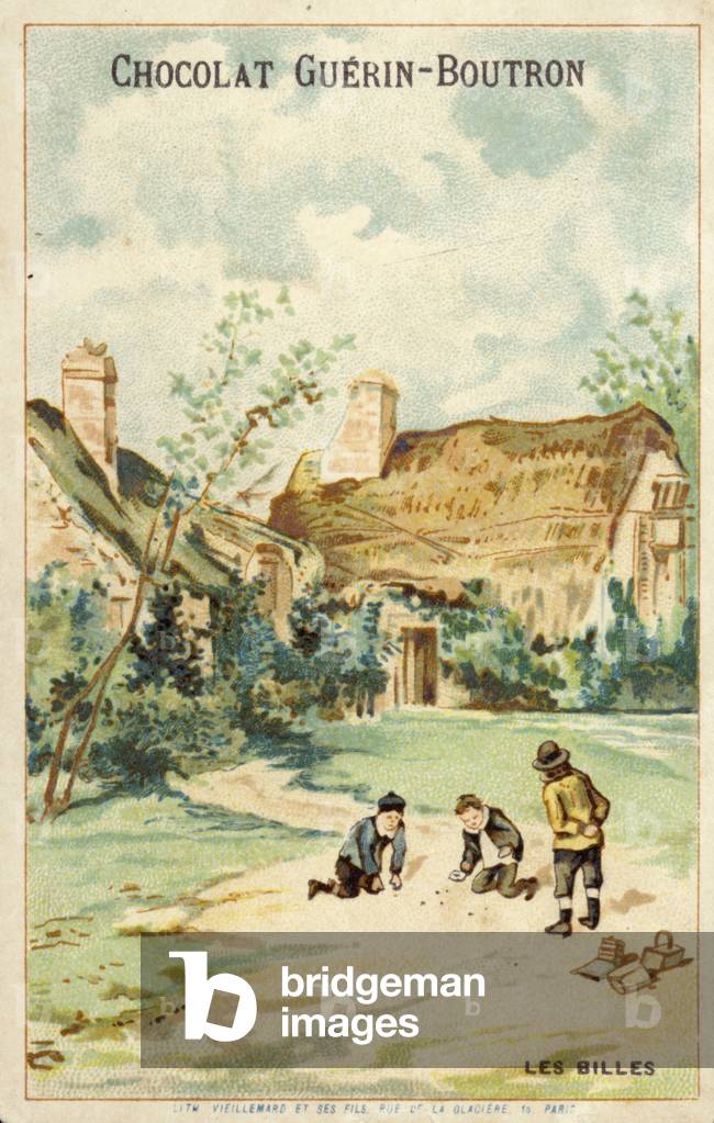 French children playing marbles outside cottage (chromolitho)