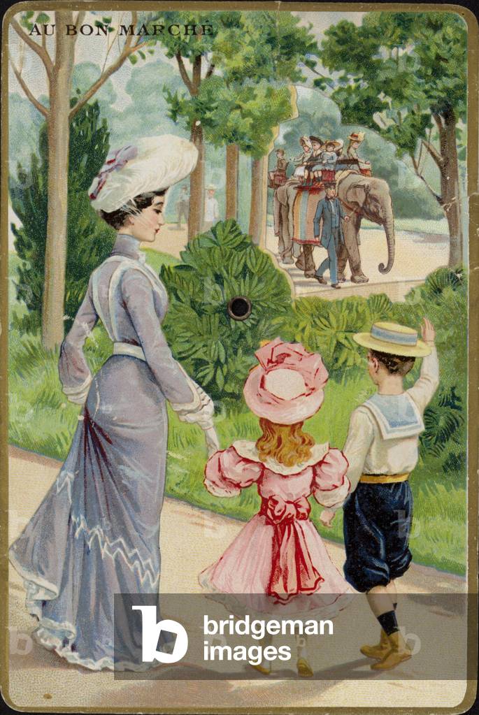 Lady and Children Waving at Elephant Ride (chromolitho)