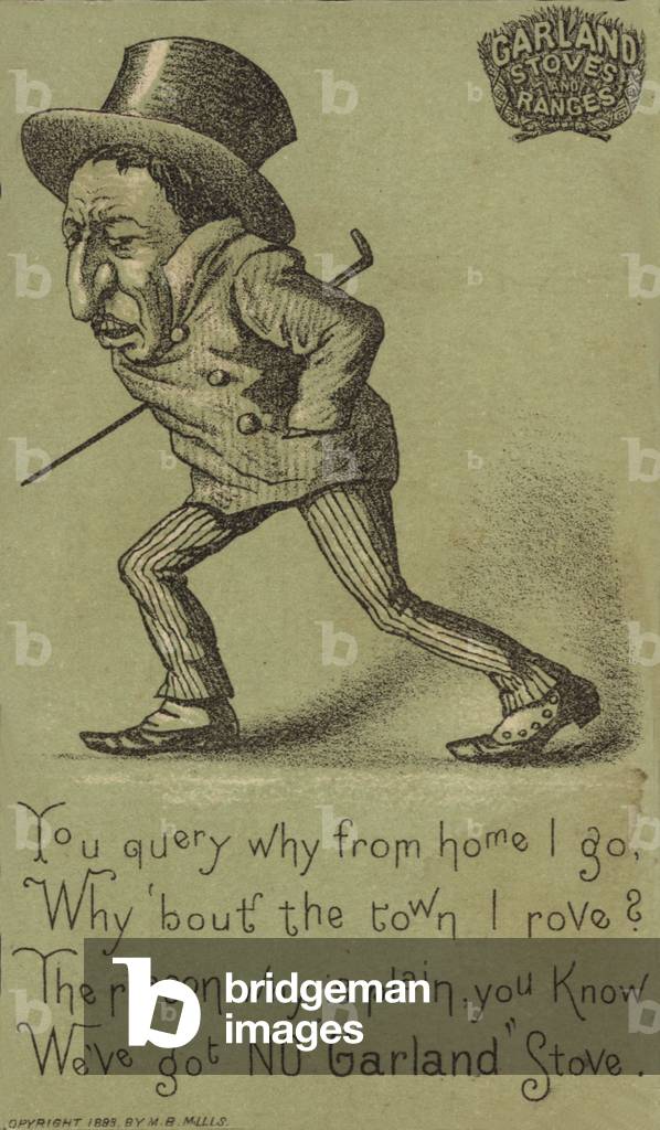 Miserable man walking with cane (chromolitho)