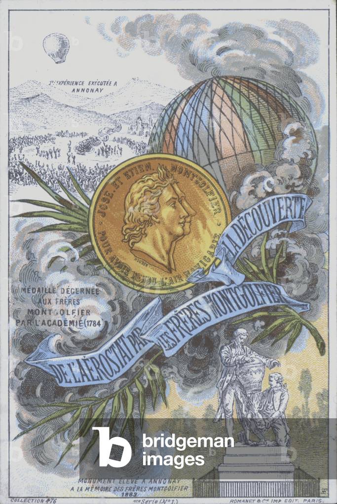The Montgolfier Brothers, pioneering French balloonists (colour litho)