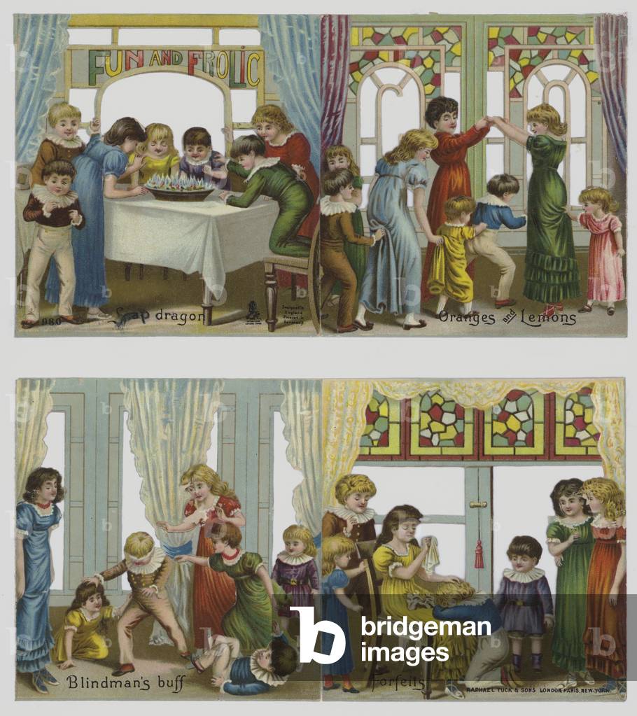 Childrens games: Snap dragon, Oranges and Lemons, Blindmans Buff, Forfeits (colour litho)
