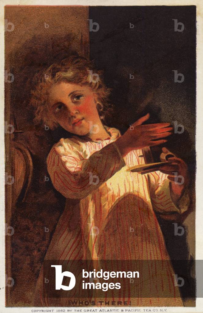Who's there?  Girl in nightdress with candle (chromolitho)