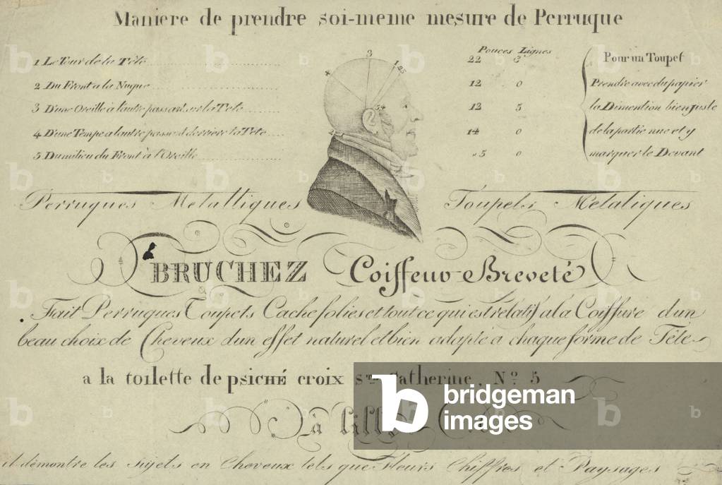 Instructions on how to measure oneself for a wig (engraving)