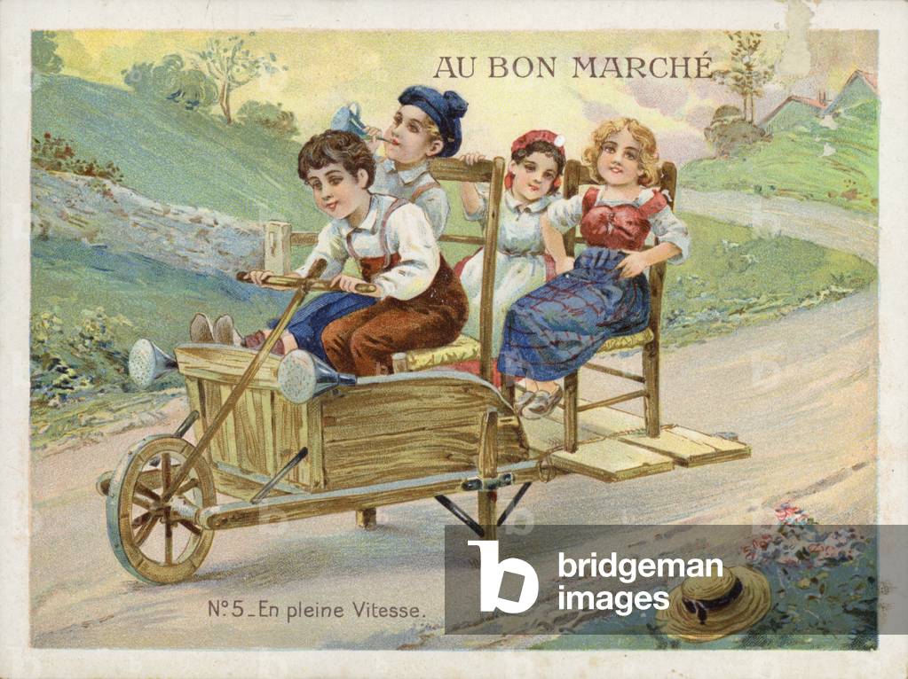 Children playing on converted wheelbarrow (chromolitho)