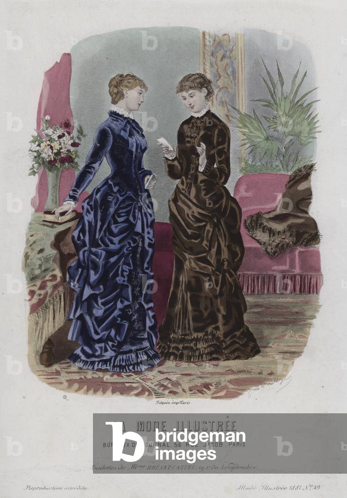 French women's fashions, 1881 (coloured engraving)
