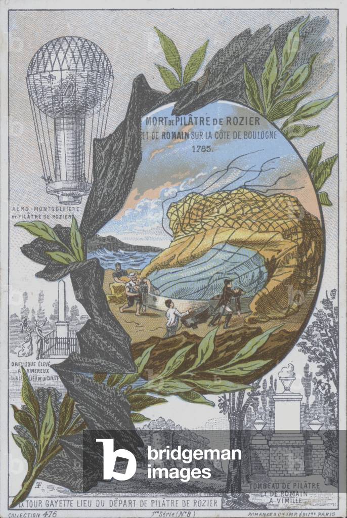 Jean-Francois Pilatre de Rozier and Pierre Romain's unsuccessful attempt to cross the English Channel in a balloon, 1785 (colour litho)