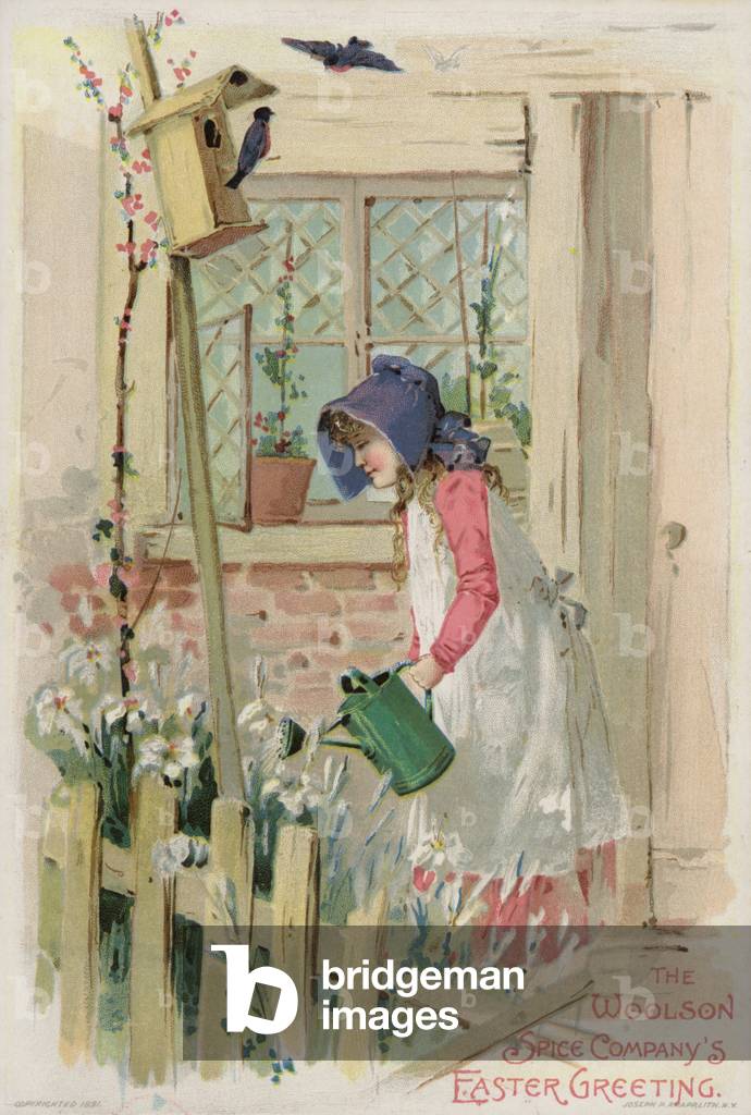 Girl with Green Watering Can (chromolitho)