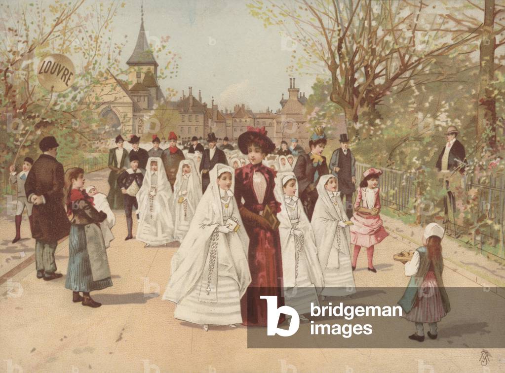 Street scene with girls wearing Confirmation dresses (chromolitho)