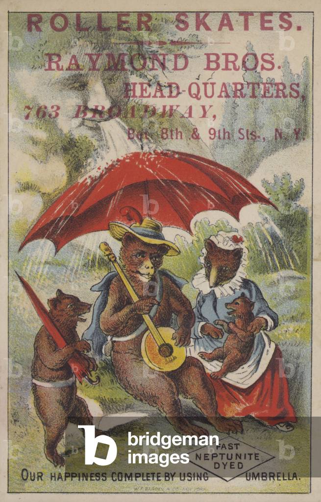 Bear family being used to advertise roller skates (chromolitho)