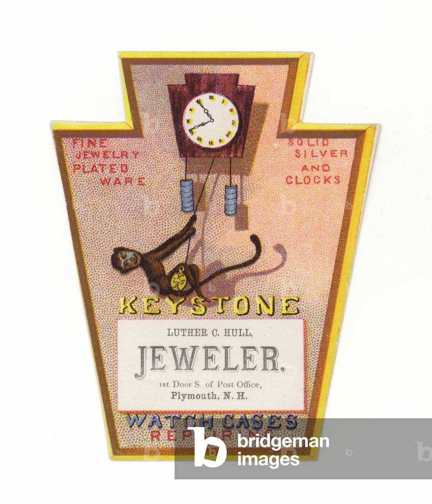 Monkey swinging on clock (chromolitho)