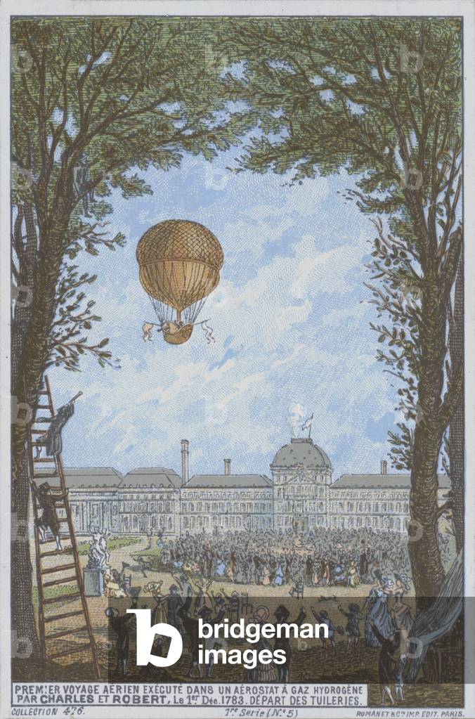 Jacques Charles and Marie-Noel Robert making the first ascent in a hydrogen balloon, Paris, 1 December 1783 (colour litho)