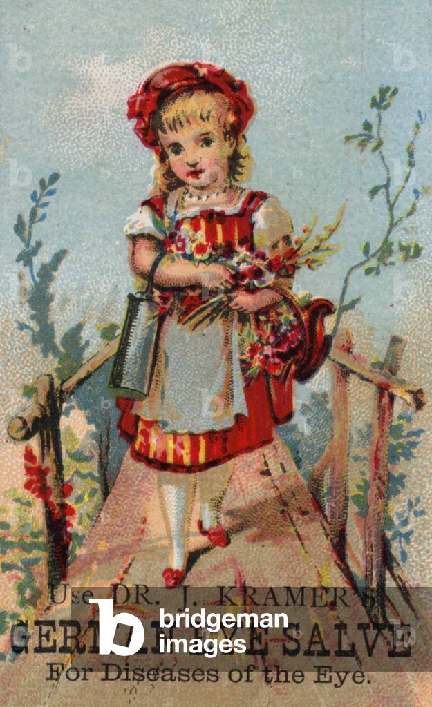 Girl on bridge, advertising German Eye Salve (chromolitho)
