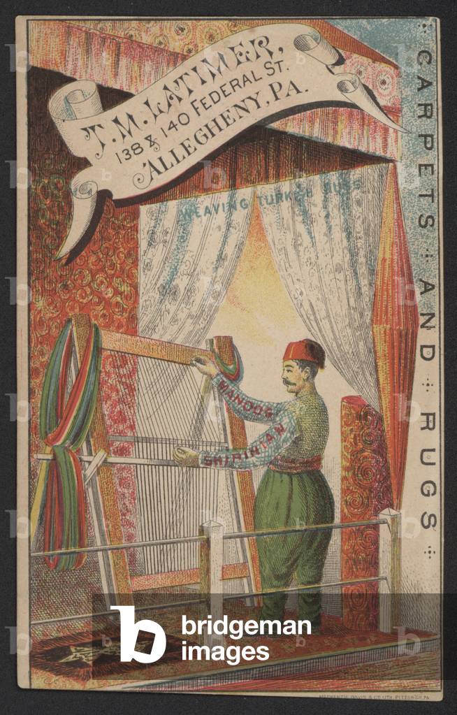Advertisement for T M Latimer carpets and rugs, Allegheny, Pennsylvania (chromolitho)