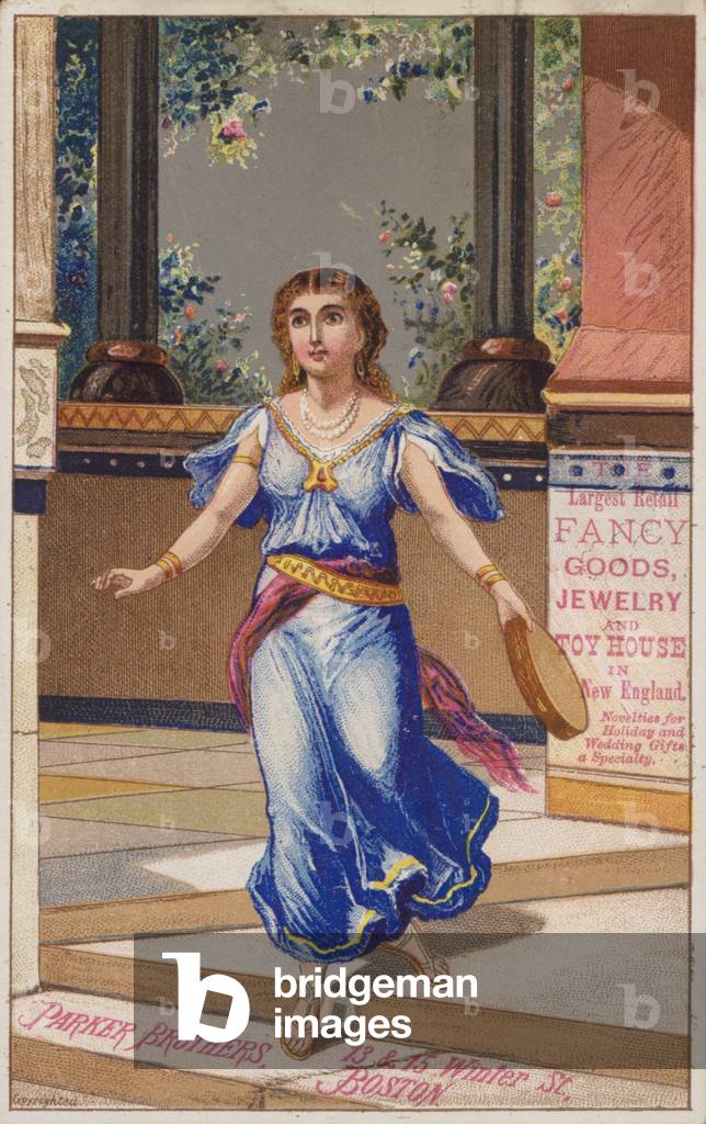 Lady in blue dress holding tamborine (chromolitho)