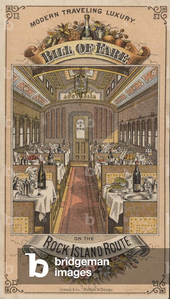 Advertisement for luxury travel on the Rock Island Line of the Chicago, Rock Island and Pacific Railroad (chromolitho)