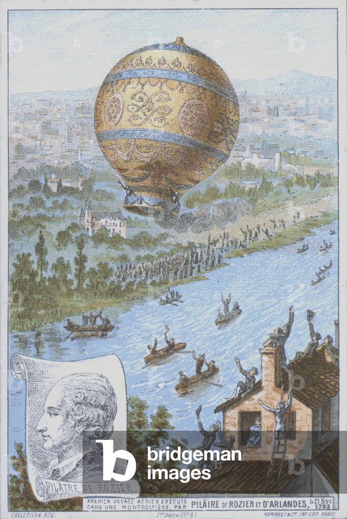 Pilatre De Rozier and the Marquis d'Arlandes making the first manned free balloon flight, using a Montgolfier hot air balloon, 20 November 1783 (colour litho)