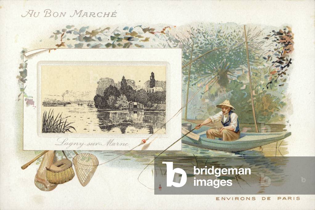 Man fishing on lake (chromolitho)