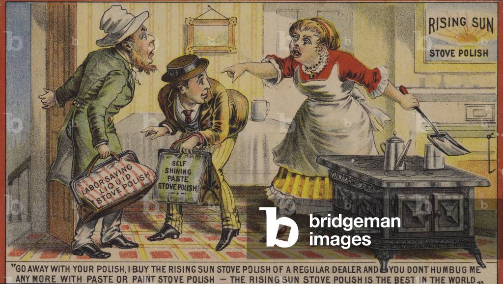 Housewife singing the praises of Rising Sun Stove Polish (chromolitho)