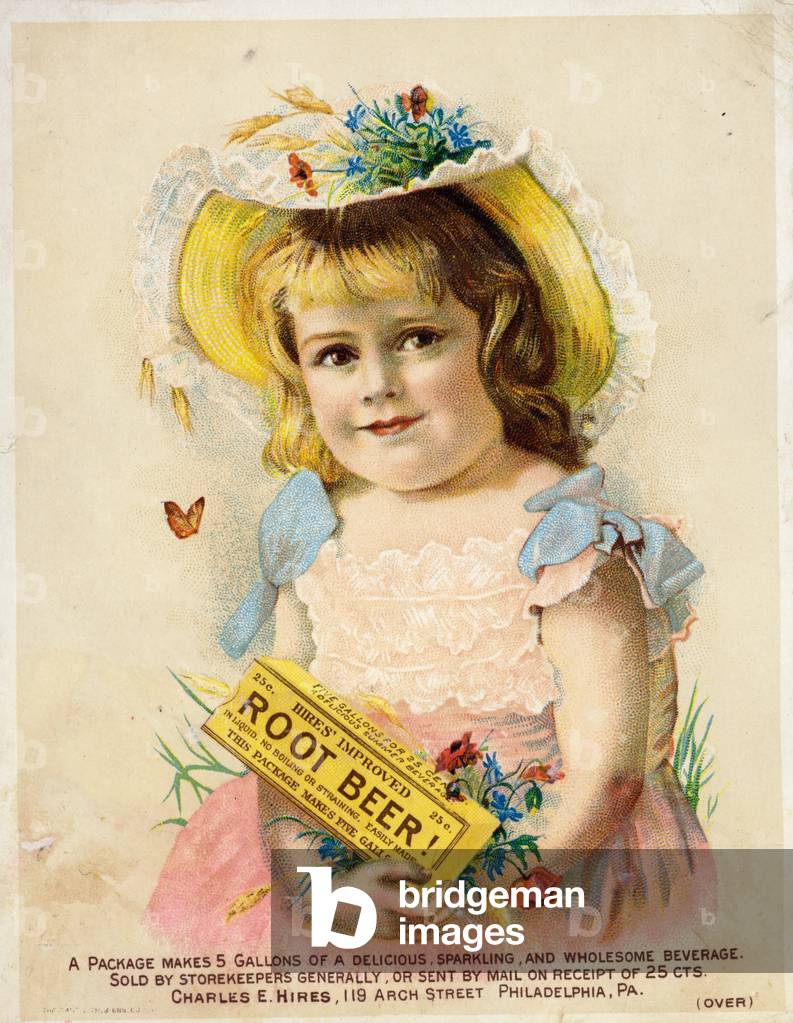 Girl advertising Hires' Improved Root Beer (chromolitho)