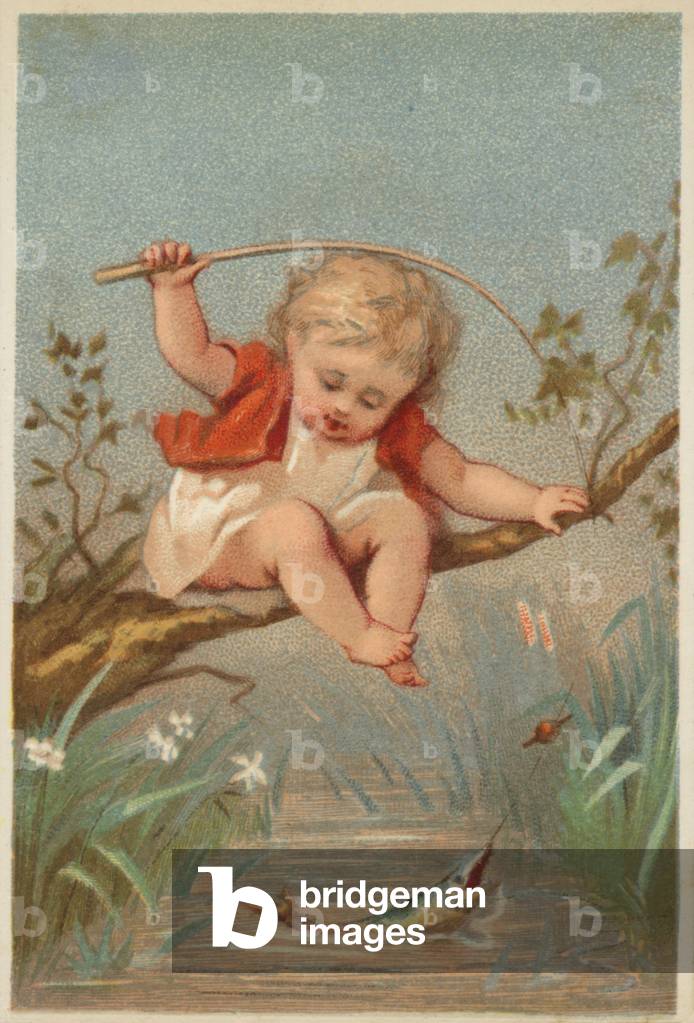 Child fishing in a stream (chromolitho)