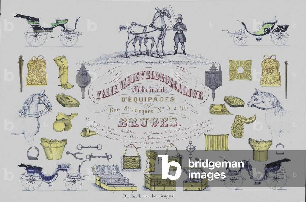 Advertisement for Felix Van de Velde-Decaluwe, manufacturers of horse-drawn carriages, Bruges, Belgium (colour litho)