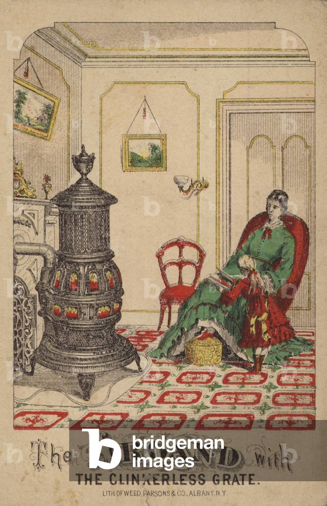 Child reading book to mother by stove (chromolitho)