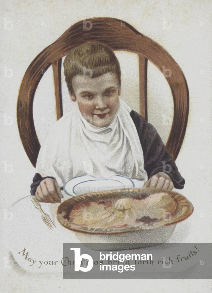 Boy about to dig into a large fruit pie (colour litho)
