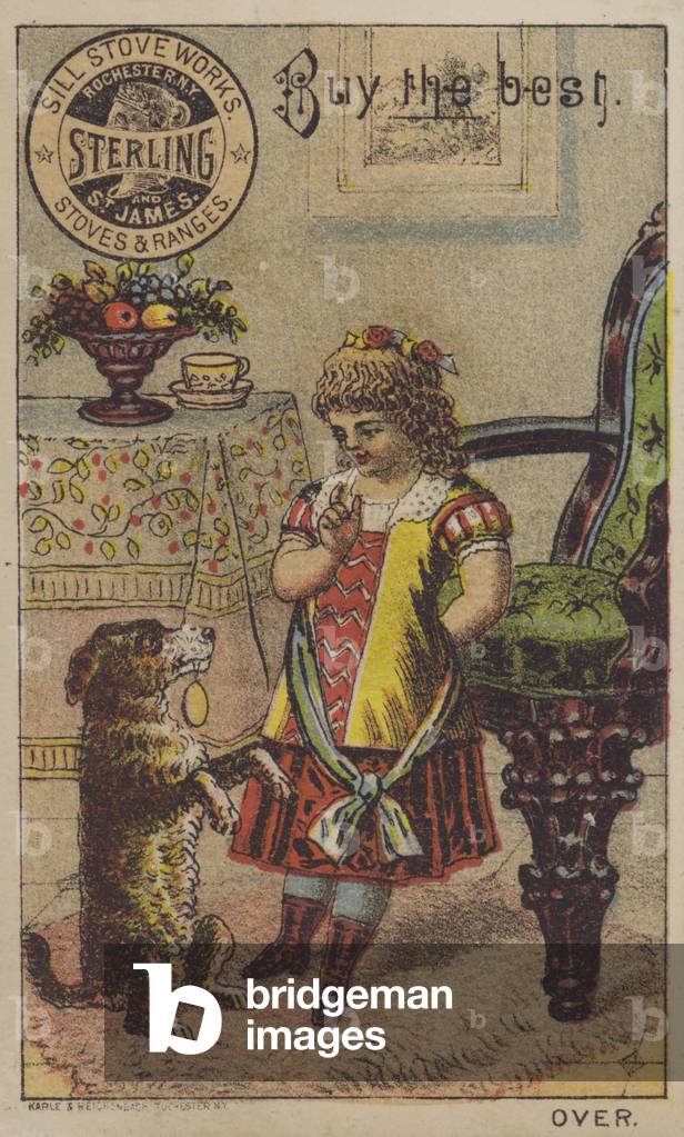 Girl teaching a dog to beg (chromolitho)