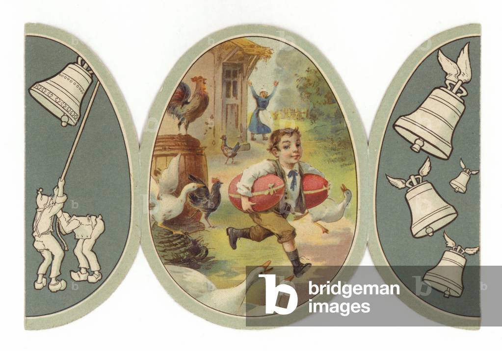 Boy Running Away with Two Giant Eggs (chromolitho)