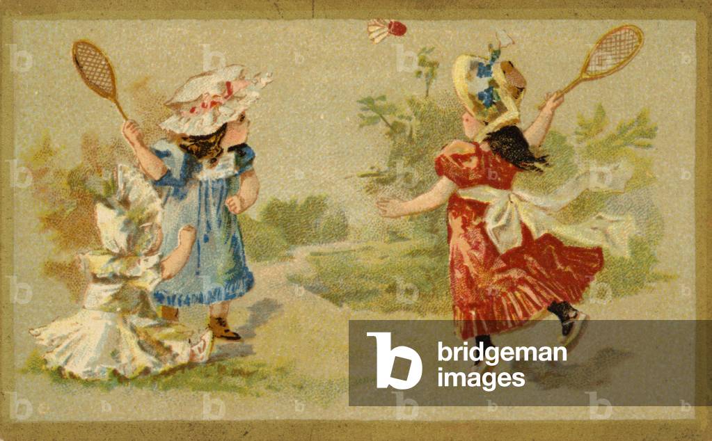 Girls playing shuttlecock (chromolitho)