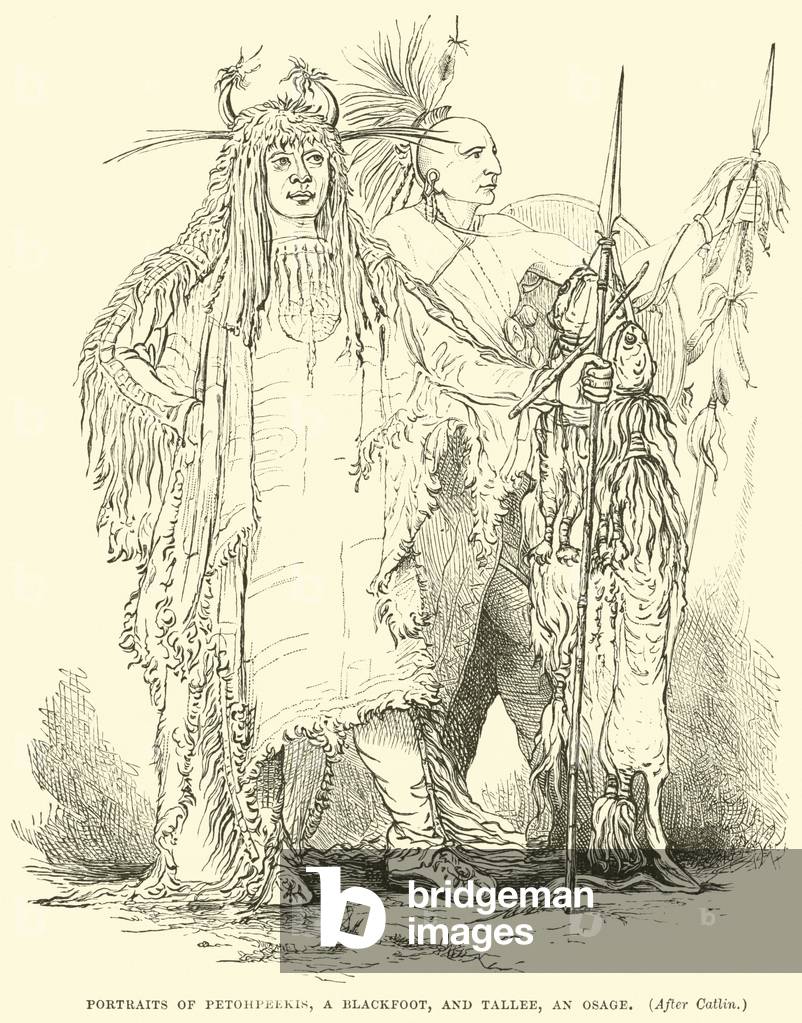 Portraits of Petohpeekis, a Blackfoot, and Tallee, an Osage (engraving)
