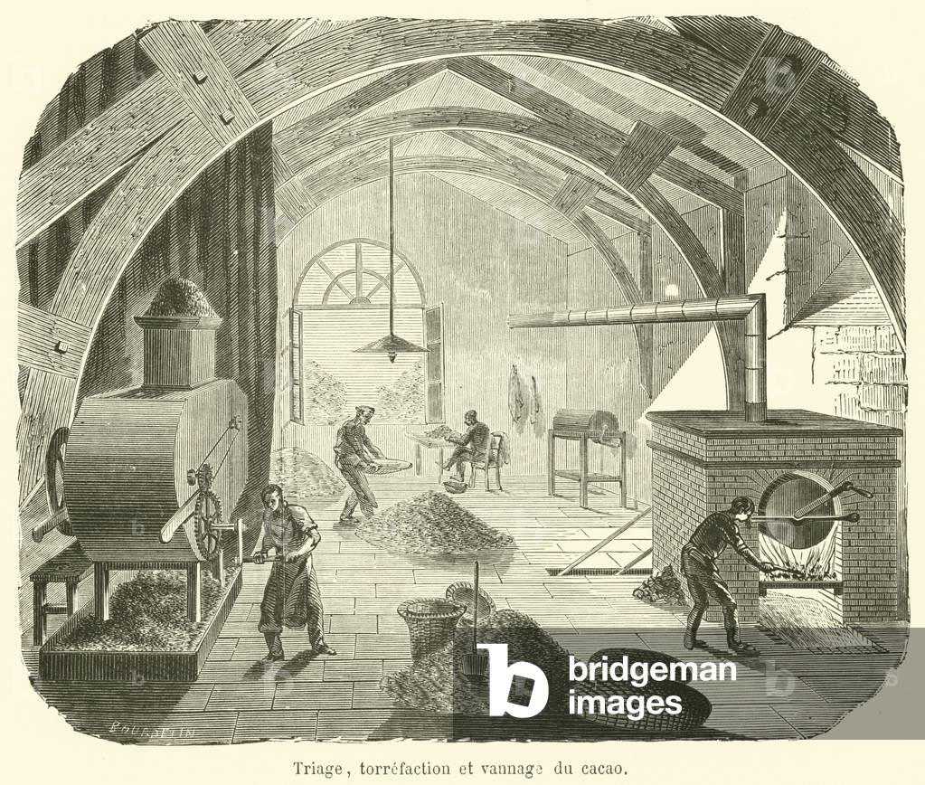Triage, torrefaction et vannage du cacao (engraving)