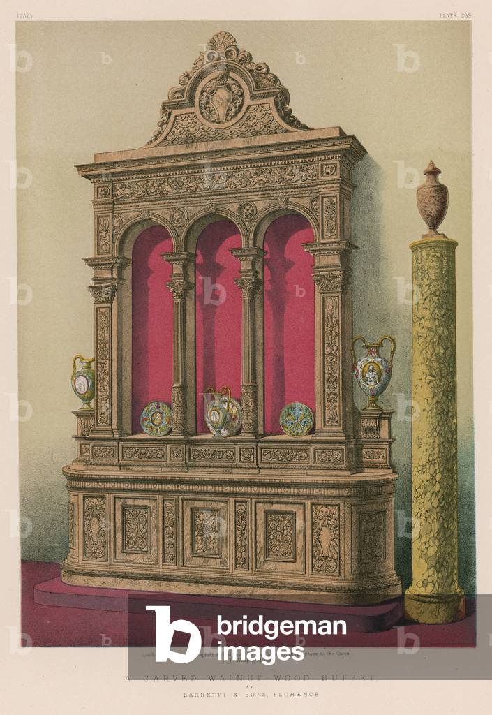 A Carved Walnut-Wood Buffet by Barbetti and Sons, Florence (chromolitho)