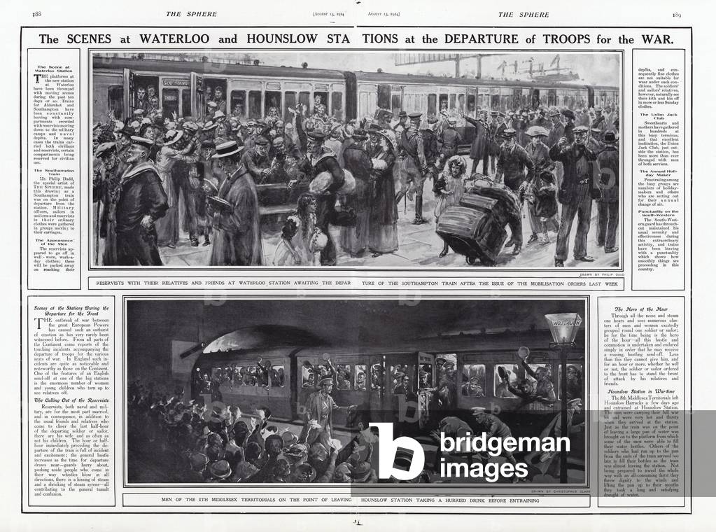 The scenes at Waterloo and Hounslow Stations at the departure of troops for war, World War I, August 1914 (litho)
