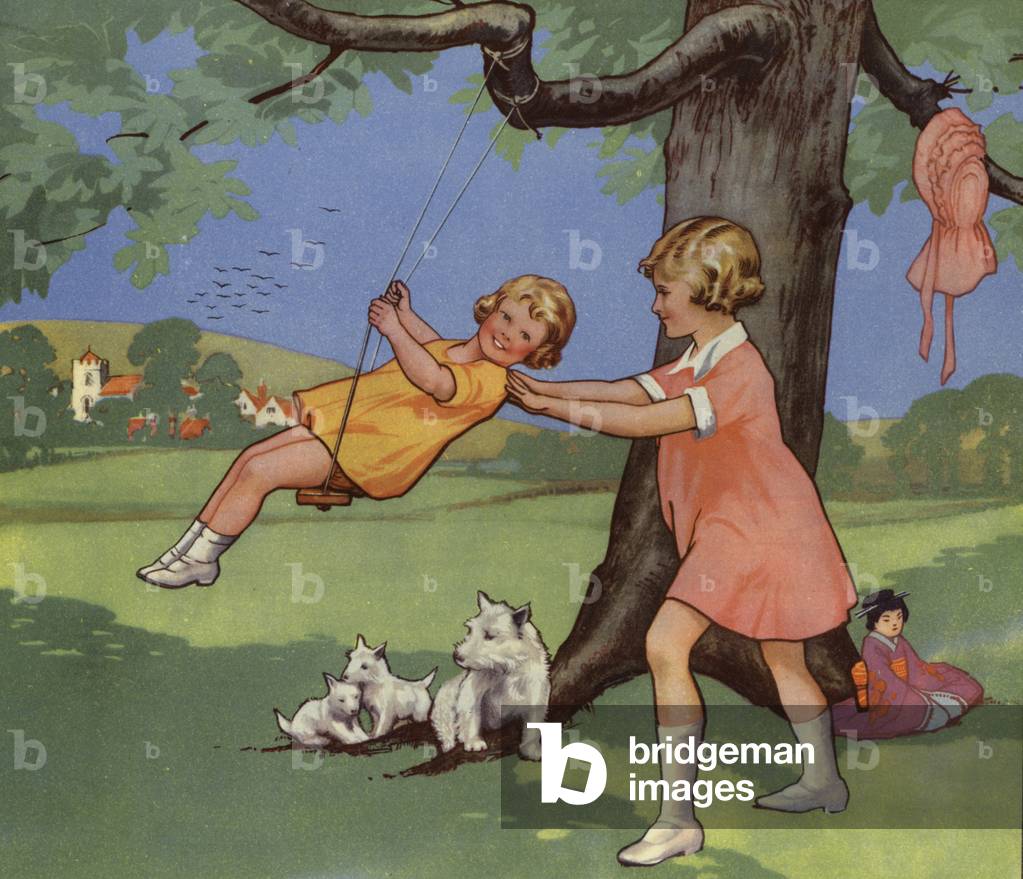 Girls playing on swing in English countryside (colour litho)